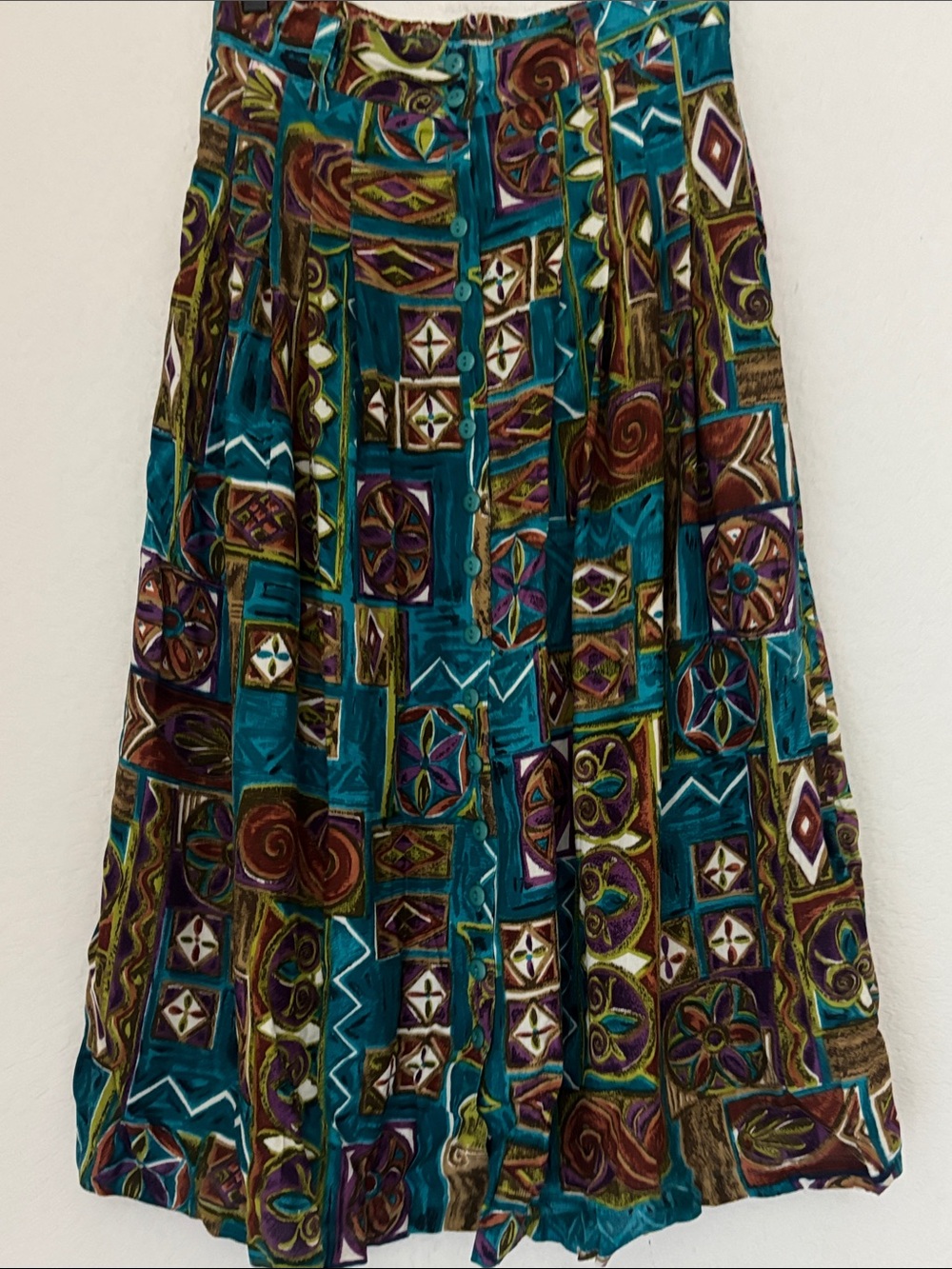 VINTAGE Y2K Teal Multi-Pattern Button-Front Midi Rayon skirt size medium